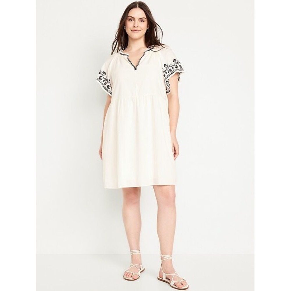 100% Cotton Embroidered Flutter Sleeve Swing Dress Large Cream Cottagecore BOHO